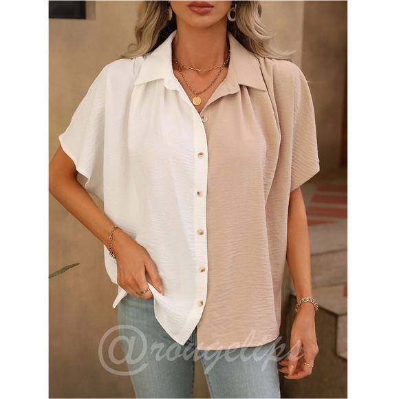 Loose Fitting Color Block 2 Tone Button Up Down Shirt Batwing Sleeve Tan Beige - Picture 3 of 7
